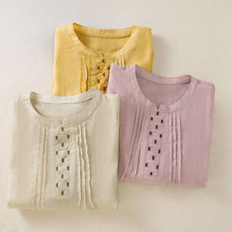 Buddha Stones 夏物カジュアル無地刺繍プリーツフロントレディース半袖Tシャツ - image 23