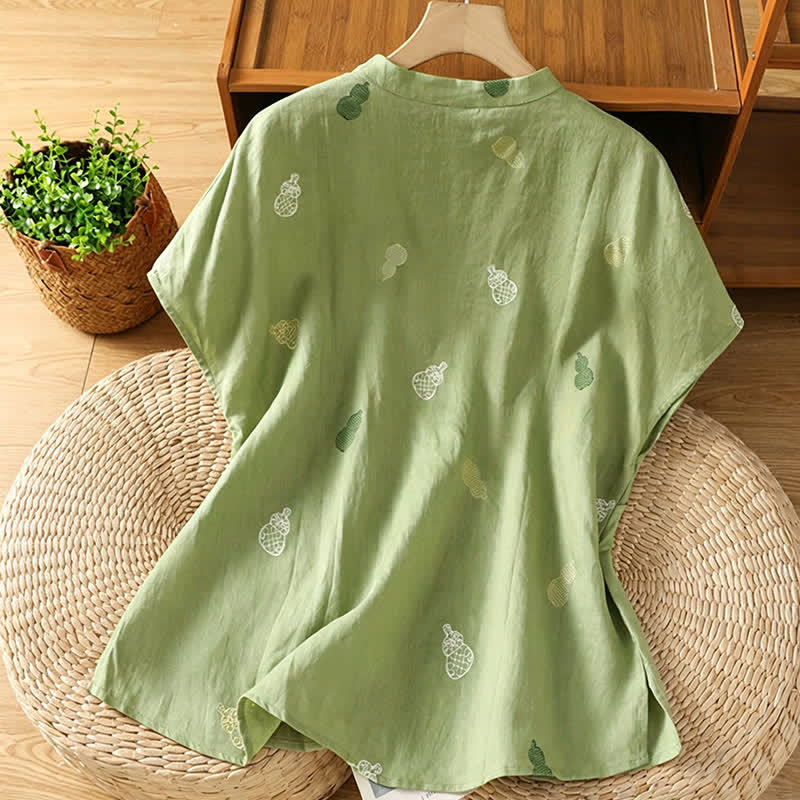 Buddha Stones 夏物唐風マンダリンカラーカエルとひょうたんの刺繍入りレディース半袖シャツ - image 1