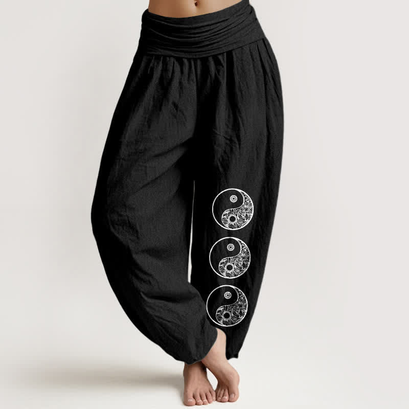 Buddha Stones 純綿素材の陰陽レディースゴムウエストハーレムパンツ - 黒 - US16、 UK/AU20、 EU48 (3XL) - image 0