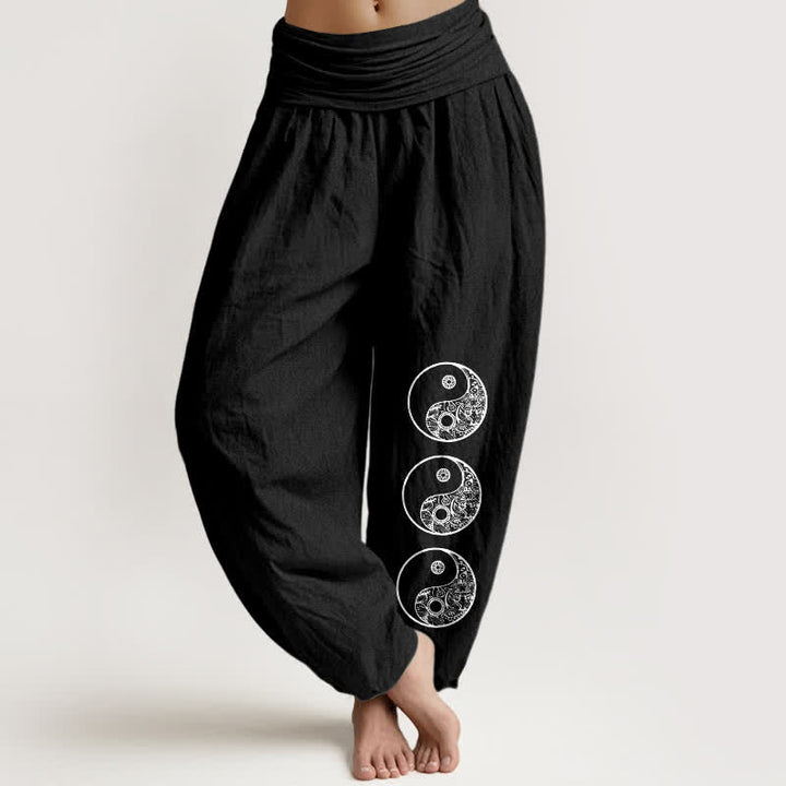 Buddha Stones 純綿素材の陰陽レディースゴムウエストハーレムパンツ - 黒 - US16、 UK/AU20、 EU48 (3XL) - image 0