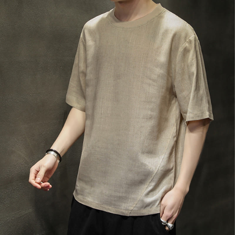Buddha Stones 夏物カジュアルミニマリスト無地クルーネックリネンメンズ半袖Tシャツ - image 5