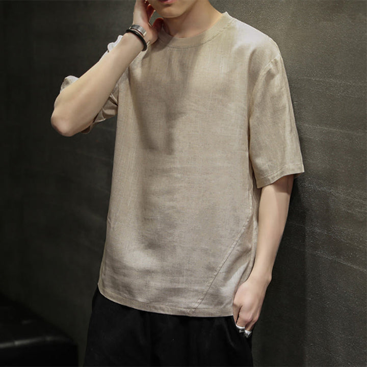Buddha Stones 夏物カジュアルミニマリスト無地クルーネックリネンメンズ半袖Tシャツ - image 4