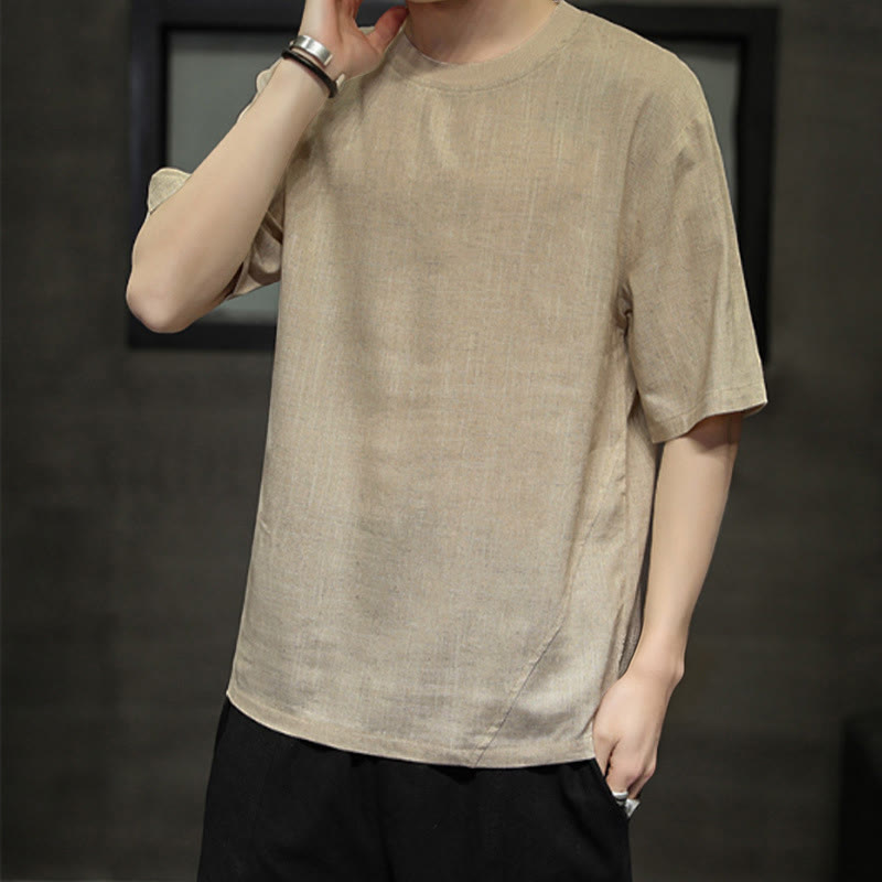 Buddha Stones 夏物カジュアルミニマリスト無地クルーネックリネンメンズ半袖Tシャツ - image 1