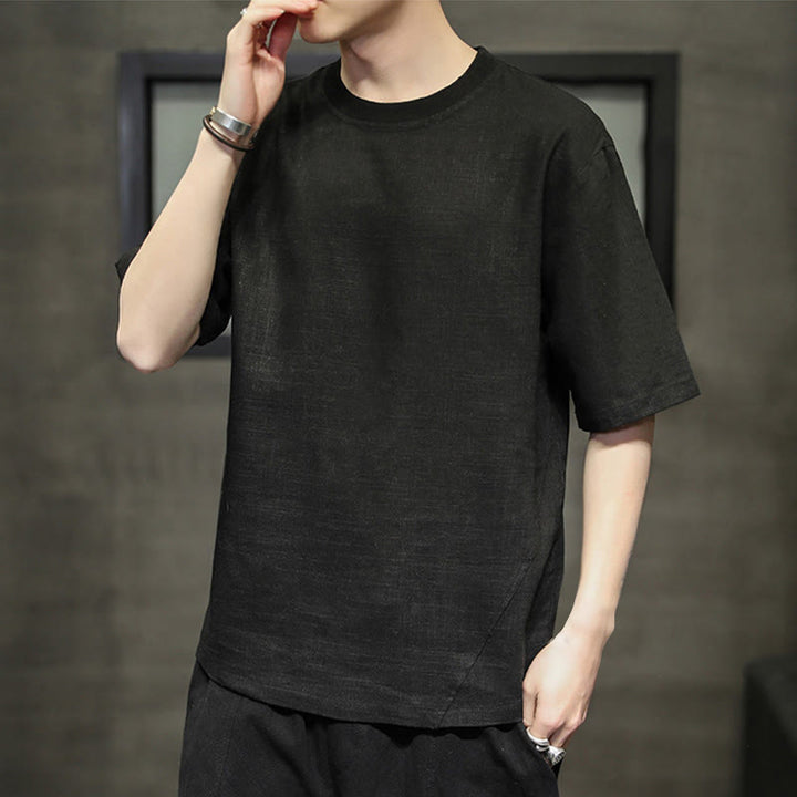 Buddha Stones 夏物カジュアルミニマリスト無地クルーネックリネンメンズ半袖Tシャツ - image 7