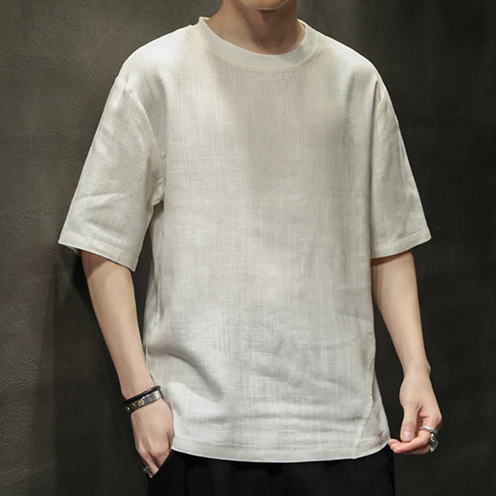 Buddha Stones 夏物カジュアルミニマリスト無地クルーネックリネンメンズ半袖Tシャツ - image 22