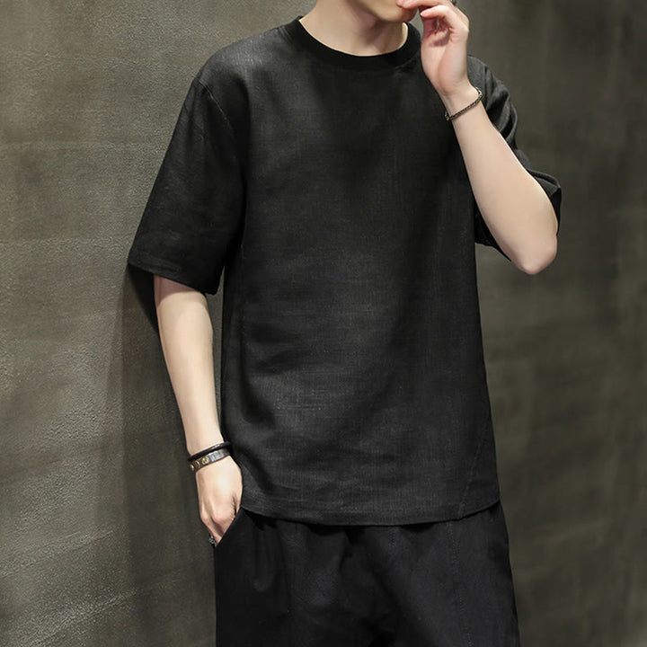 Buddha Stones 夏物カジュアルミニマリスト無地クルーネックリネンメンズ半袖Tシャツ - image 11