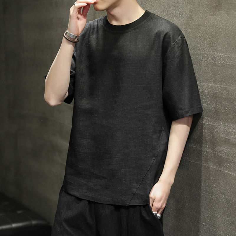 Buddha Stones 夏物カジュアルミニマリスト無地クルーネックリネンメンズ半袖Tシャツ - image 15