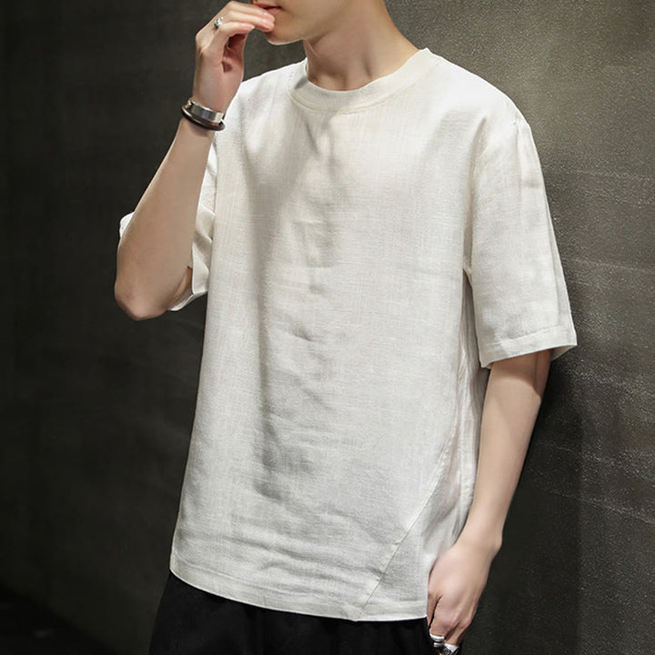 Buddha Stones 夏物カジュアルミニマリスト無地クルーネックリネンメンズ半袖Tシャツ - image 25