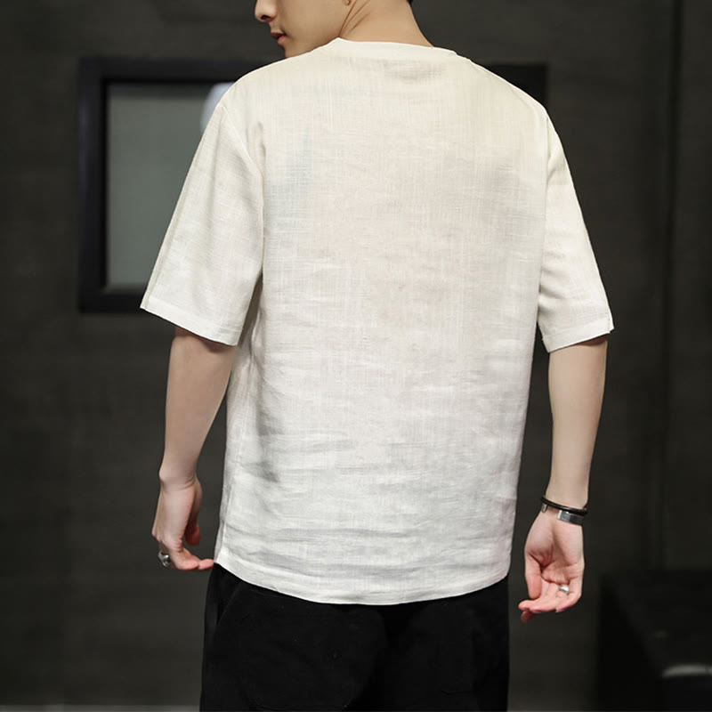 Buddha Stones 夏物カジュアルミニマリスト無地クルーネックリネンメンズ半袖Tシャツ - image 19
