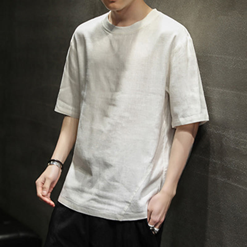 Buddha Stones 夏物カジュアルミニマリスト無地クルーネックリネンメンズ半袖Tシャツ - image 18