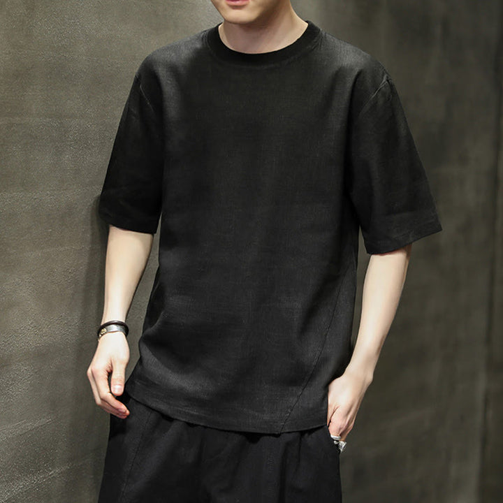 Buddha Stones 夏物カジュアルミニマリスト無地クルーネックリネンメンズ半袖Tシャツ - image 14