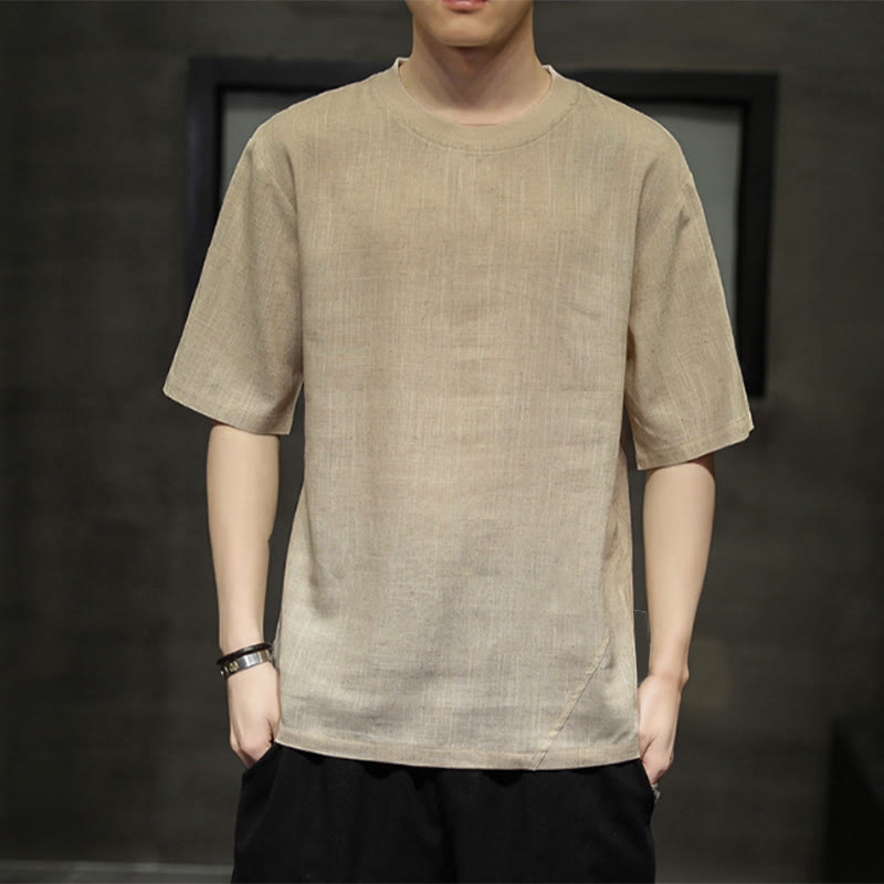Buddha Stones 夏物カジュアルミニマリスト無地クルーネックリネンメンズ半袖Tシャツ - タン - US/UK/AU46、 EU56 (5XL) - image 0