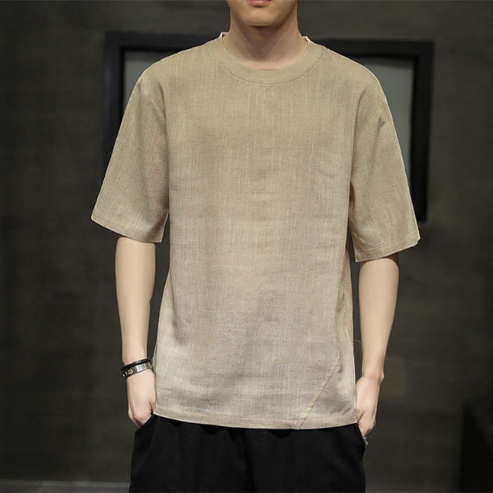 Buddha Stones 夏物カジュアルミニマリスト無地クルーネックリネンメンズ半袖Tシャツ - タン - US/UK/AU46、 EU56 (5XL) - image 0
