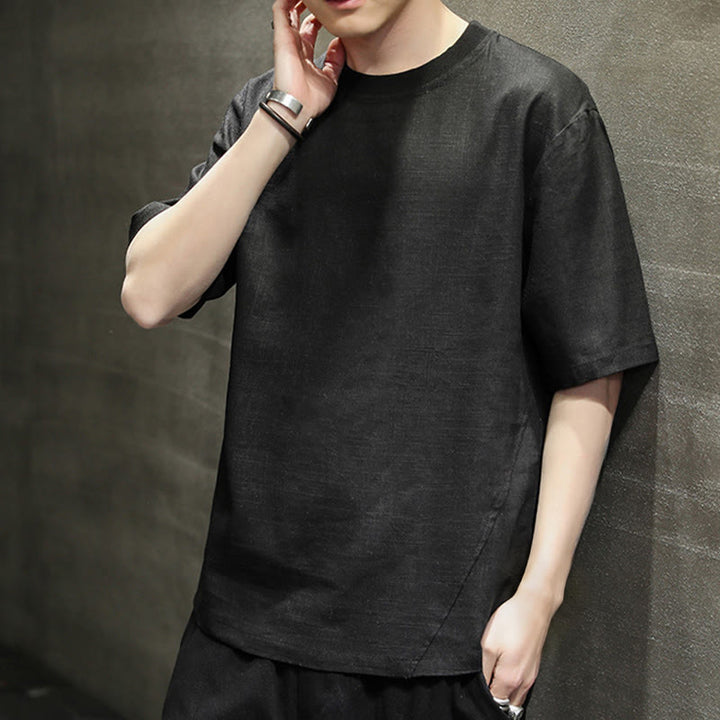 Buddha Stones 夏物カジュアルミニマリスト無地クルーネックリネンメンズ半袖Tシャツ - image 10