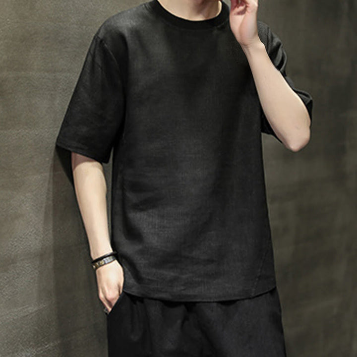 Buddha Stones 夏物カジュアルミニマリスト無地クルーネックリネンメンズ半袖Tシャツ - image 12