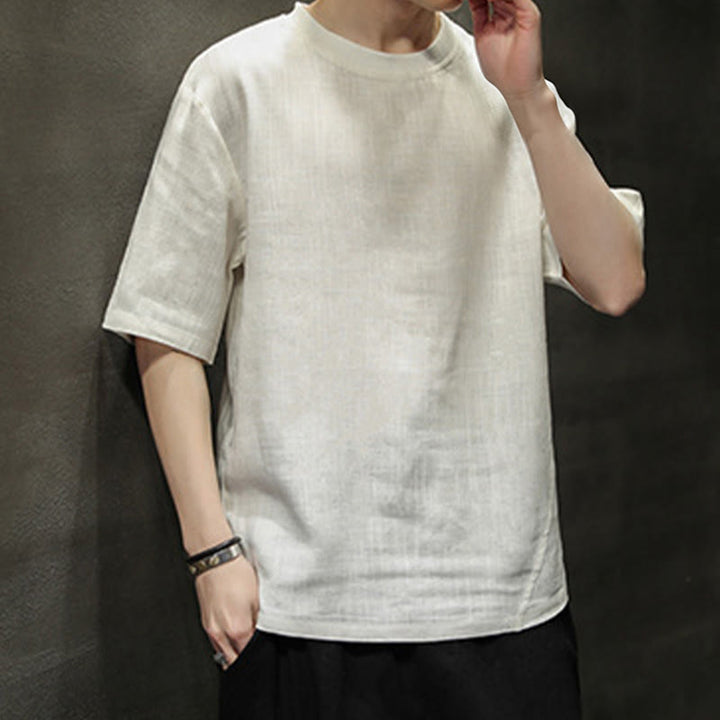Buddha Stones 夏物カジュアルミニマリスト無地クルーネックリネンメンズ半袖Tシャツ - image 17