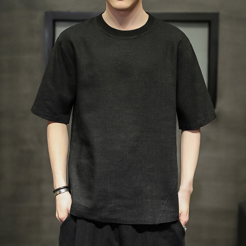 Buddha Stones 夏物カジュアルミニマリスト無地クルーネックリネンメンズ半袖Tシャツ - 黒 - US/UK/AU46、 EU56 (5XL) - image 6