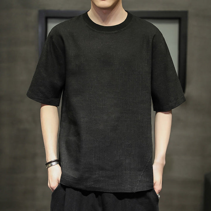 Buddha Stones 夏物カジュアルミニマリスト無地クルーネックリネンメンズ半袖Tシャツ - 黒 - US/UK/AU46、 EU56 (5XL) - image 6