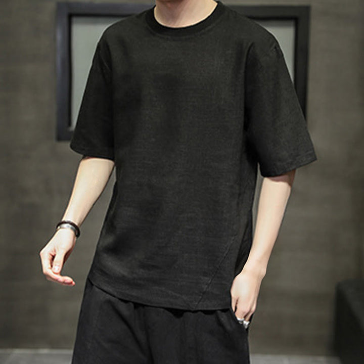 Buddha Stones 夏物カジュアルミニマリスト無地クルーネックリネンメンズ半袖Tシャツ - image 9