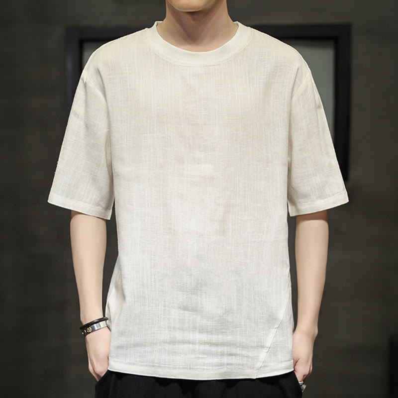 Buddha Stones 夏物カジュアルミニマリスト無地クルーネックリネンメンズ半袖Tシャツ - image 21