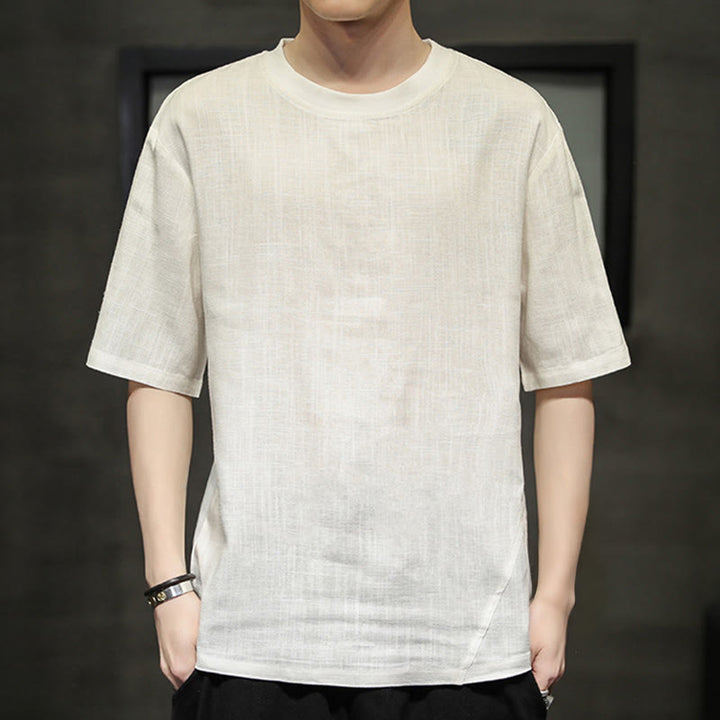 Buddha Stones 夏物カジュアルミニマリスト無地クルーネックリネンメンズ半袖Tシャツ - image 21