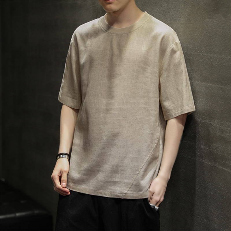 Buddha Stones 夏物カジュアルミニマリスト無地クルーネックリネンメンズ半袖Tシャツ - image 2