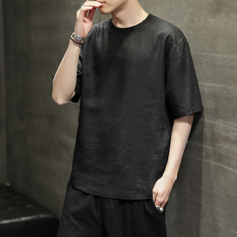 Buddha Stones 夏物カジュアルミニマリスト無地クルーネックリネンメンズ半袖Tシャツ - image 13