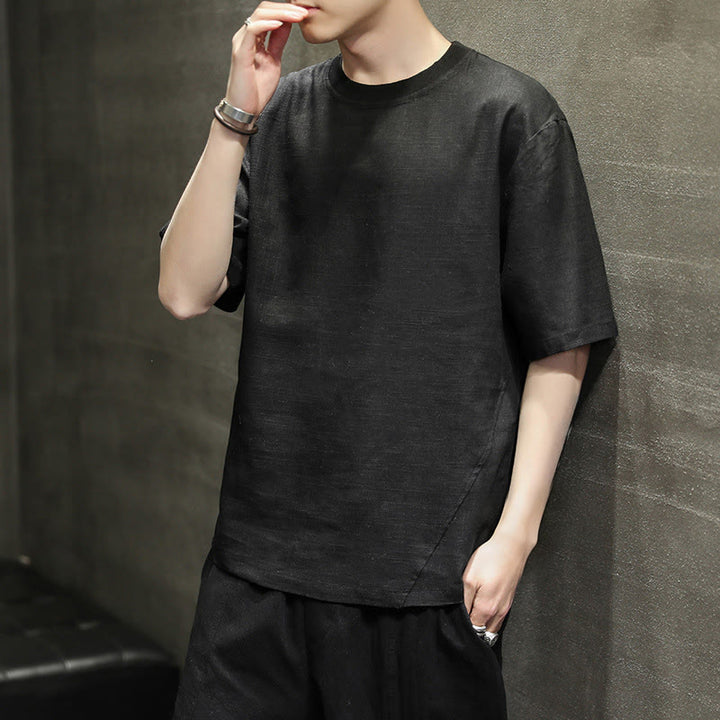 Buddha Stones 夏物カジュアルミニマリスト無地クルーネックリネンメンズ半袖Tシャツ - image 13