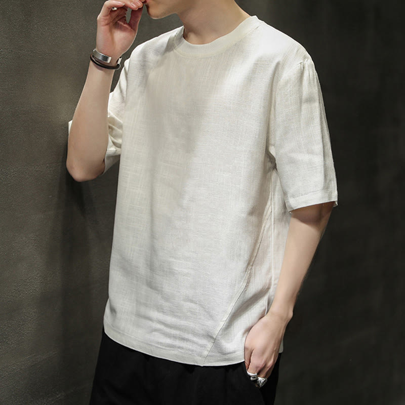 Buddha Stones 夏物カジュアルミニマリスト無地クルーネックリネンメンズ半袖Tシャツ - image 20