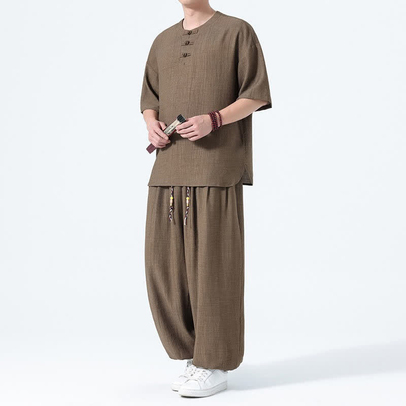 Buddha Stones 夏用唐風カエルボタン無地半袖シャツハーレムパンツメンズ瞑想服ポケット付き2点セット - ペルー - US/UK/AU46、 EU56 (5XL) - image 0