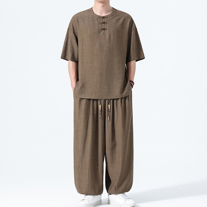 Buddha Stones 夏用唐風カエルボタン無地半袖シャツハーレムパンツメンズ瞑想服ポケット付き2点セット - image 1