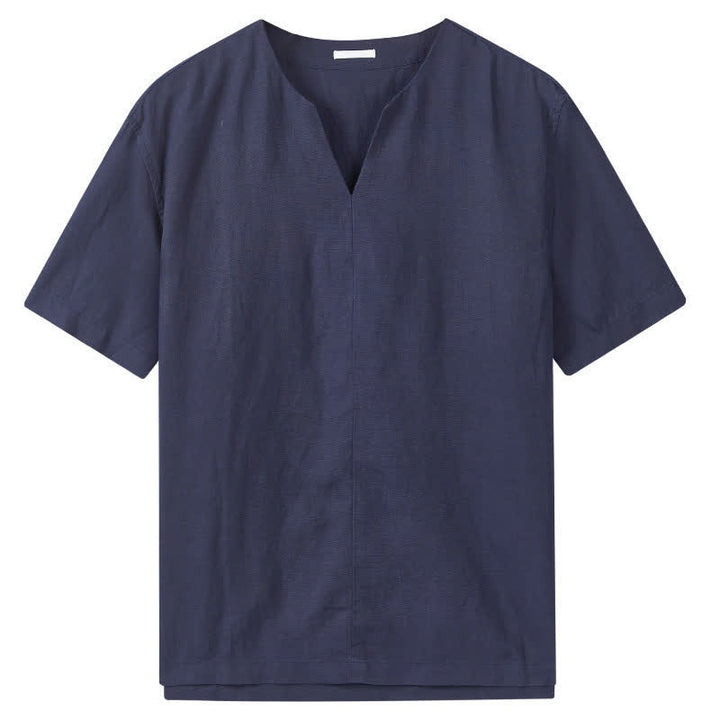 Buddha Stones 夏向けミニマルデザイン無地Vネックメンズ半袖Tシャツ - image 10