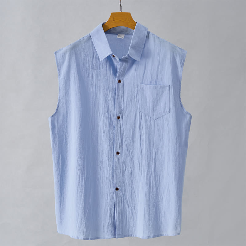 Buddha Stones 夏物カジュアルミニマリストボタンアップ無地メンズノースリーブシャツ - 水色 - US/UK/AU44、 EU54 (3XL) - image 19