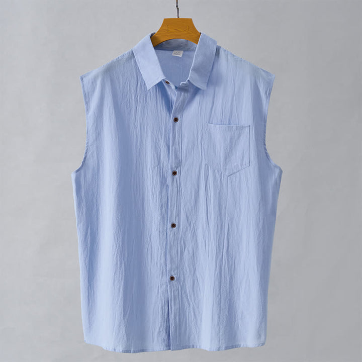 Buddha Stones 夏物カジュアルミニマリストボタンアップ無地メンズノースリーブシャツ - 水色 - US/UK/AU44、 EU54 (3XL) - image 19