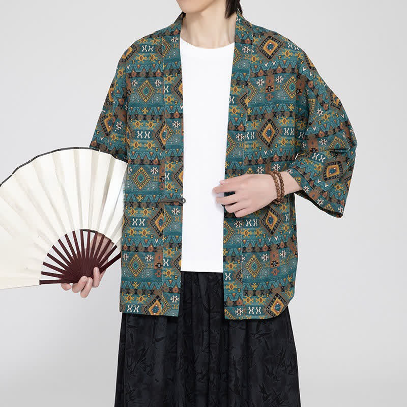 Buddha Stones 春夏ボヘミアンカジュアルパッチポケット幾何学模様メンズ着物 - image 5