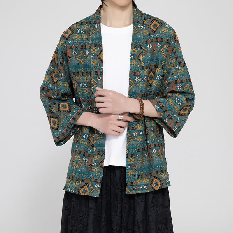 Buddha Stones 春夏ボヘミアンカジュアルパッチポケット幾何学模様メンズ着物 - image 4