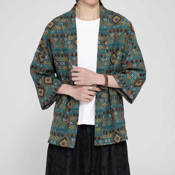 Buddha Stones 春夏ボヘミアンカジュアルパッチポケット幾何学模様メンズ着物 - image 4