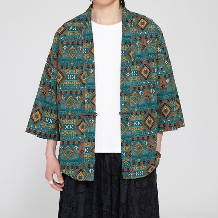 Buddha Stones 春夏ボヘミアンカジュアルパッチポケット幾何学模様メンズ着物 - image 2