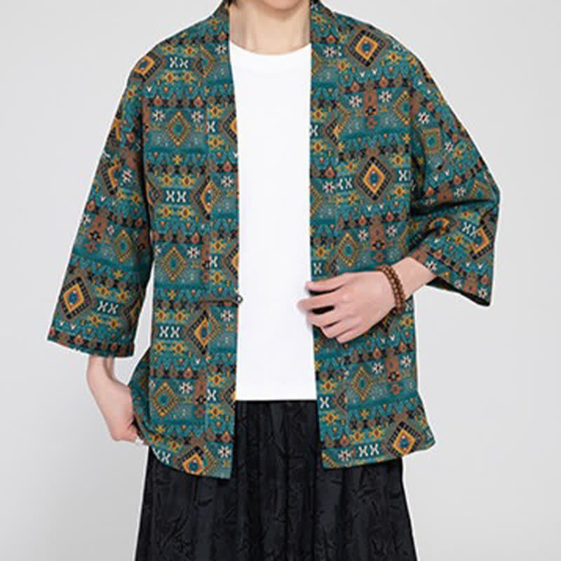Buddha Stones 春夏ボヘミアンカジュアルパッチポケット幾何学模様メンズ着物 - image 1