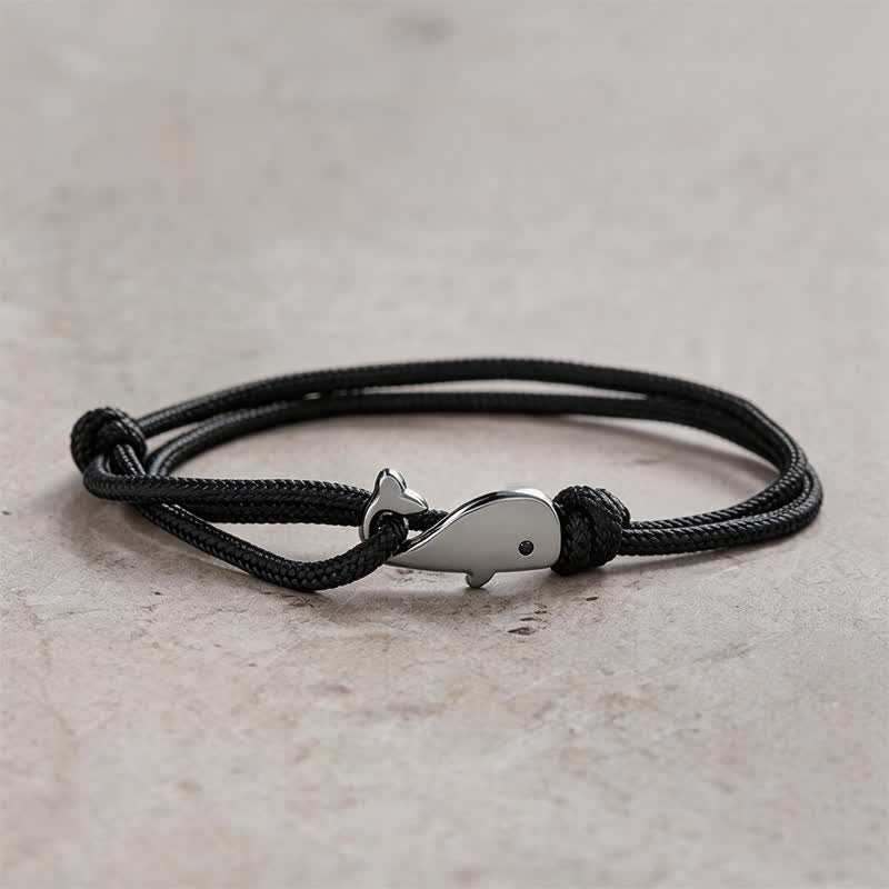Buddha Stones ダブルラップ編み込みロープのクジラモチーフブレスレット - 黒 - image 8