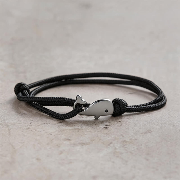 Buddha Stones ダブルラップ編み込みロープのクジラモチーフブレスレット - 黒 - image 8
