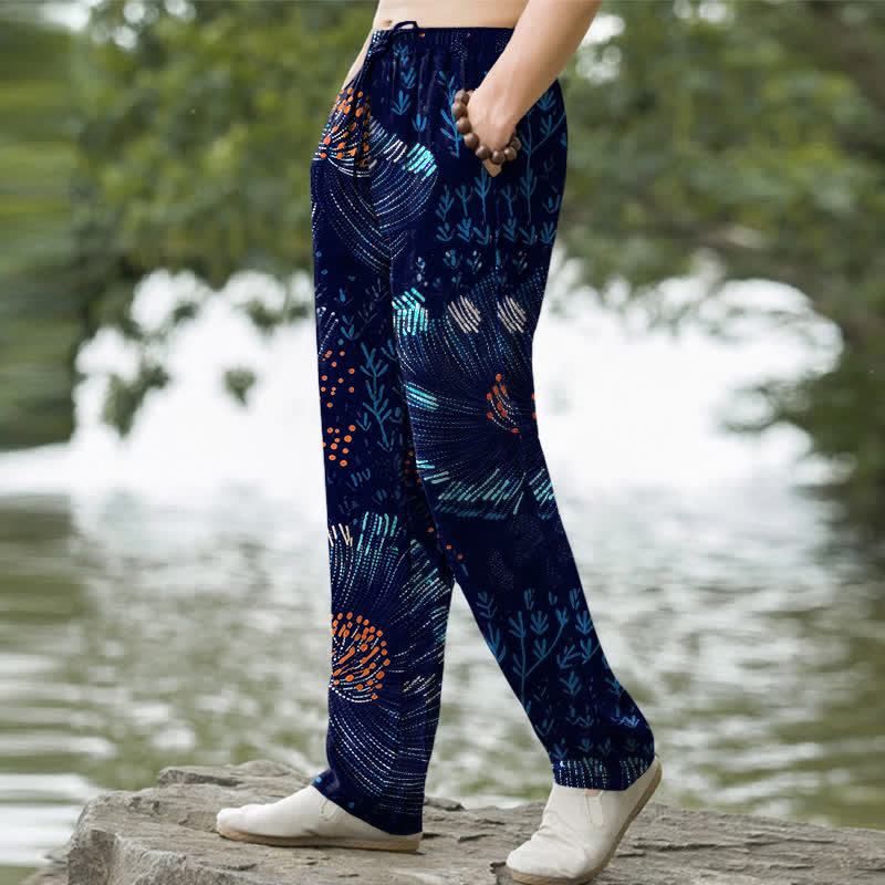Buddha Stones コットン素材の花柄プリント入りメンズテーパードパンツ（ポケット付き） - image 1