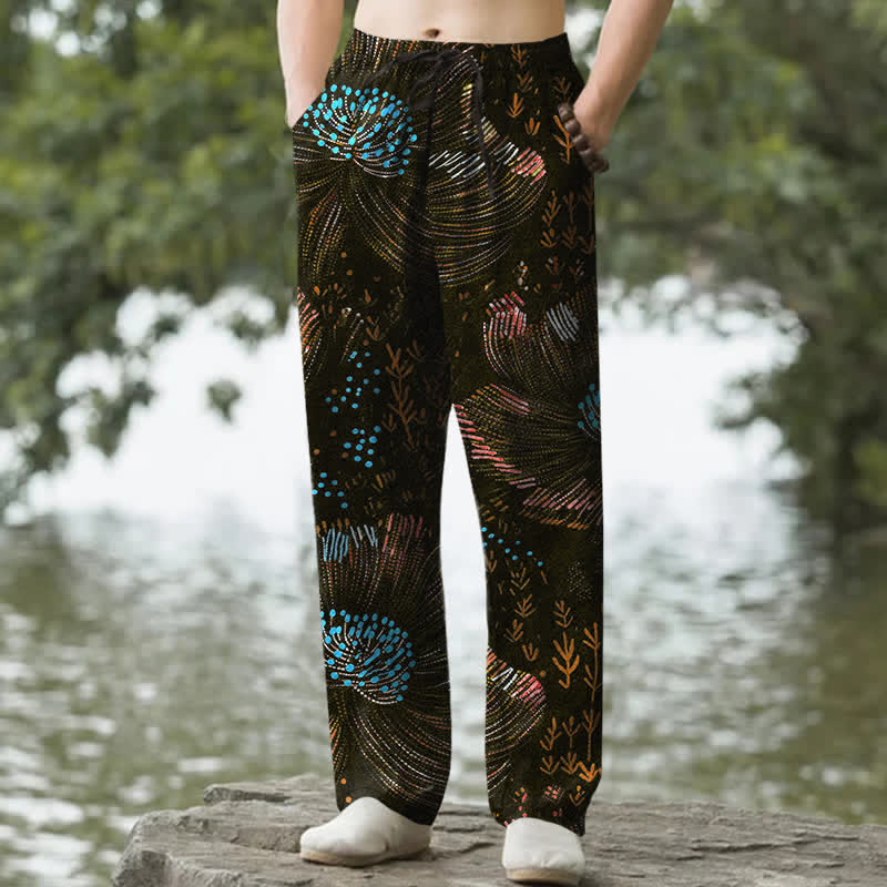 Buddha Stones コットン素材の花柄プリント入りメンズテーパードパンツ（ポケット付き） - 黒 - US/UK/AU50、EU60（5XL） - image 4