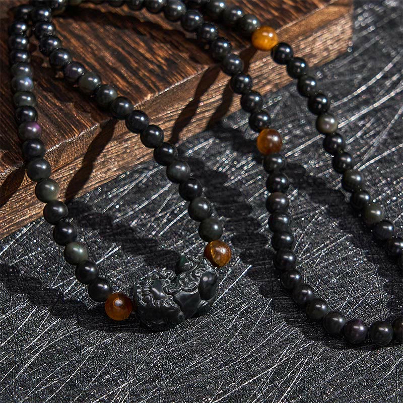 Buddha Stones 貔貅（ひきゅう）レインボーオブシディアン（黒曜石）富の手彫りビーズブレスレット - image 5