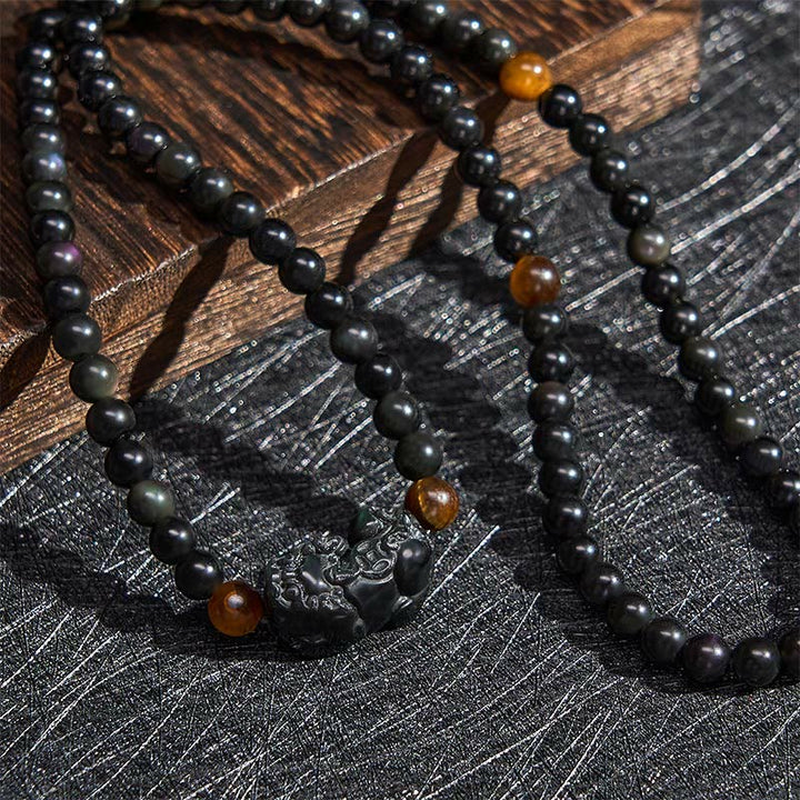 Buddha Stones 貔貅（ひきゅう）レインボーオブシディアン（黒曜石）富の手彫りビーズブレスレット - image 5