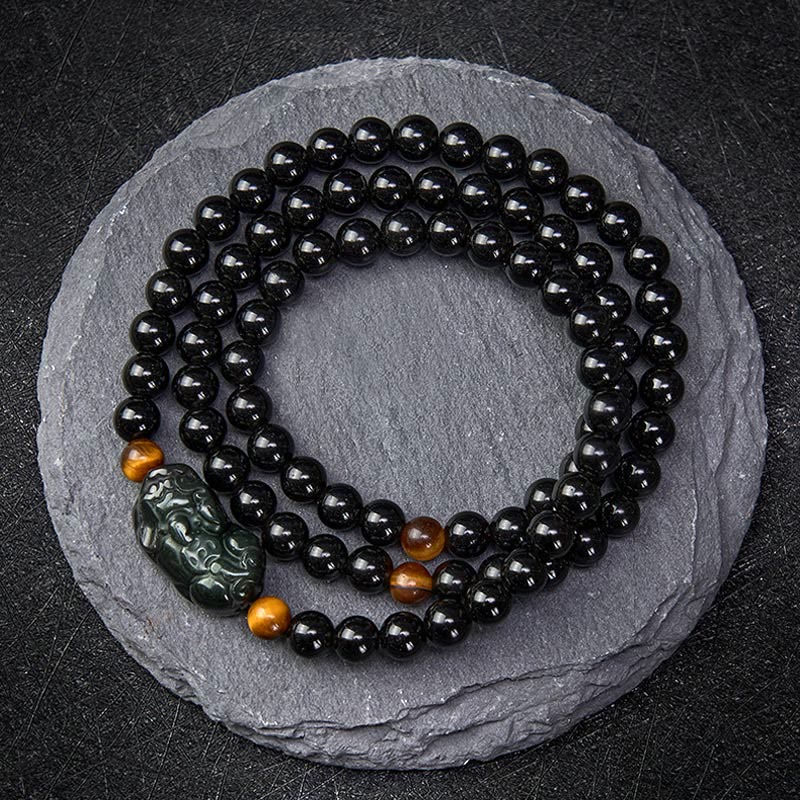 Buddha Stones 貔貅（ひきゅう）レインボーオブシディアン（黒曜石）富の手彫りビーズブレスレット - 黒曜石ビーズ（保護♥グラウンディング） - 6mm - image 9
