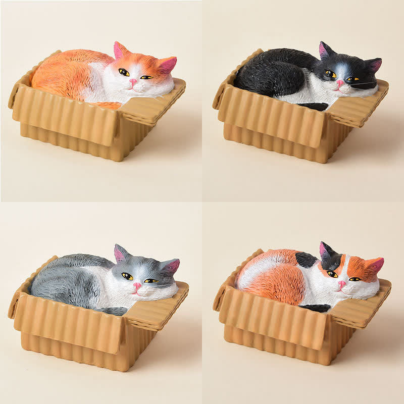 Buddha Stones 紙箱に入った眠っている猫のペイント、樹脂製かわいい動物装飾 - image 0