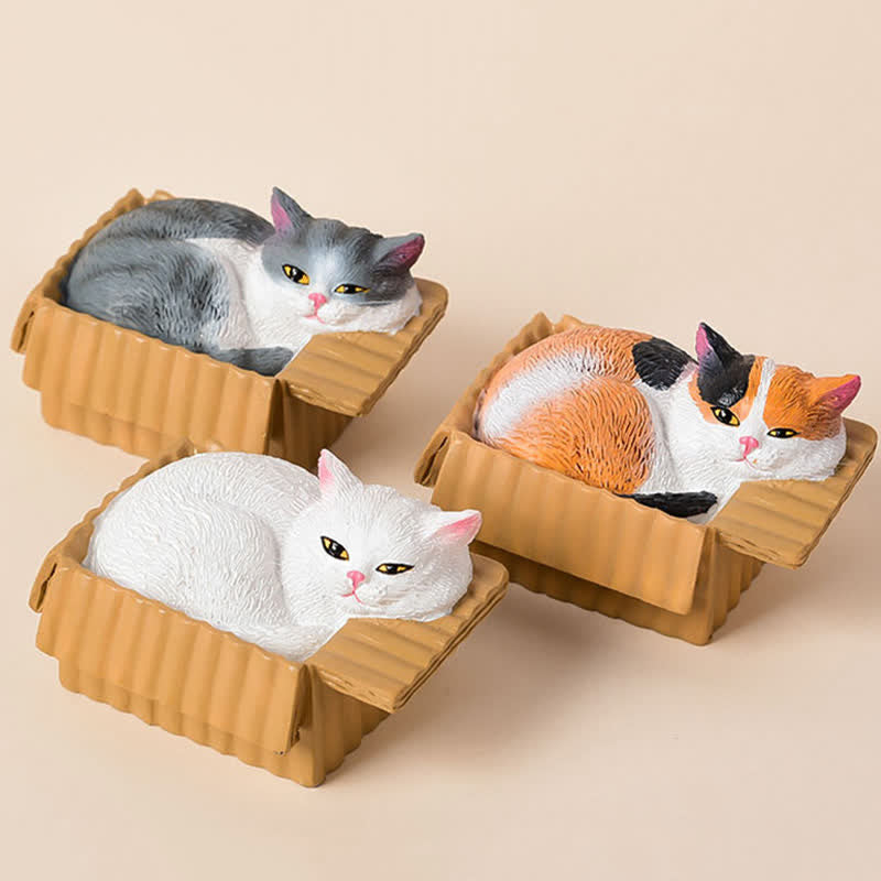 Buddha Stones 紙箱に入った眠っている猫のペイント、樹脂製かわいい動物装飾 - image 1
