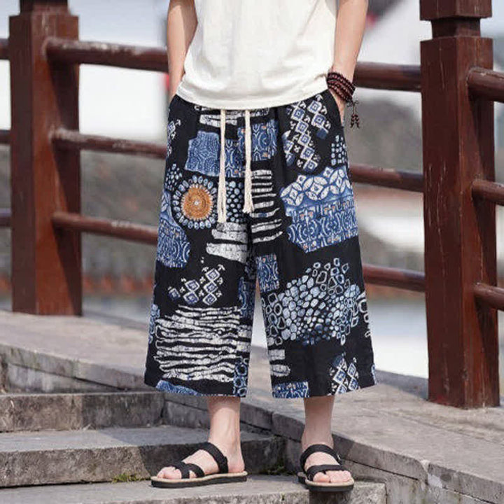 Buddha Stones 夏物 ボヘミアン ヴィンテージ ドローストリング 花柄 カプリパンツ メンズ ストレートレッグパンツ ポケット付き - image 13