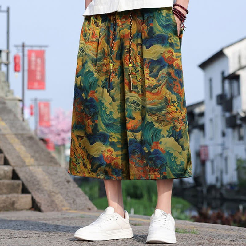Buddha Stones 夏物 ヴィンテージ カジュアル ドローストリング 鶴柄 メンズ クロップドパンツ ポケット付き - image 1